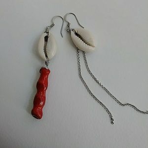 Coral and Cowrie Asymetrical  Shell Earring